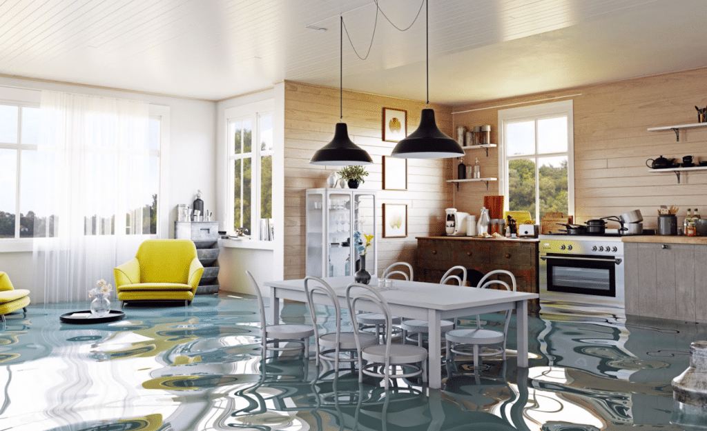 Modern kitchen and dining area with white furniture and colorful chairs, reflecting the room's contents due to flood water before a swift restoration cleanup.